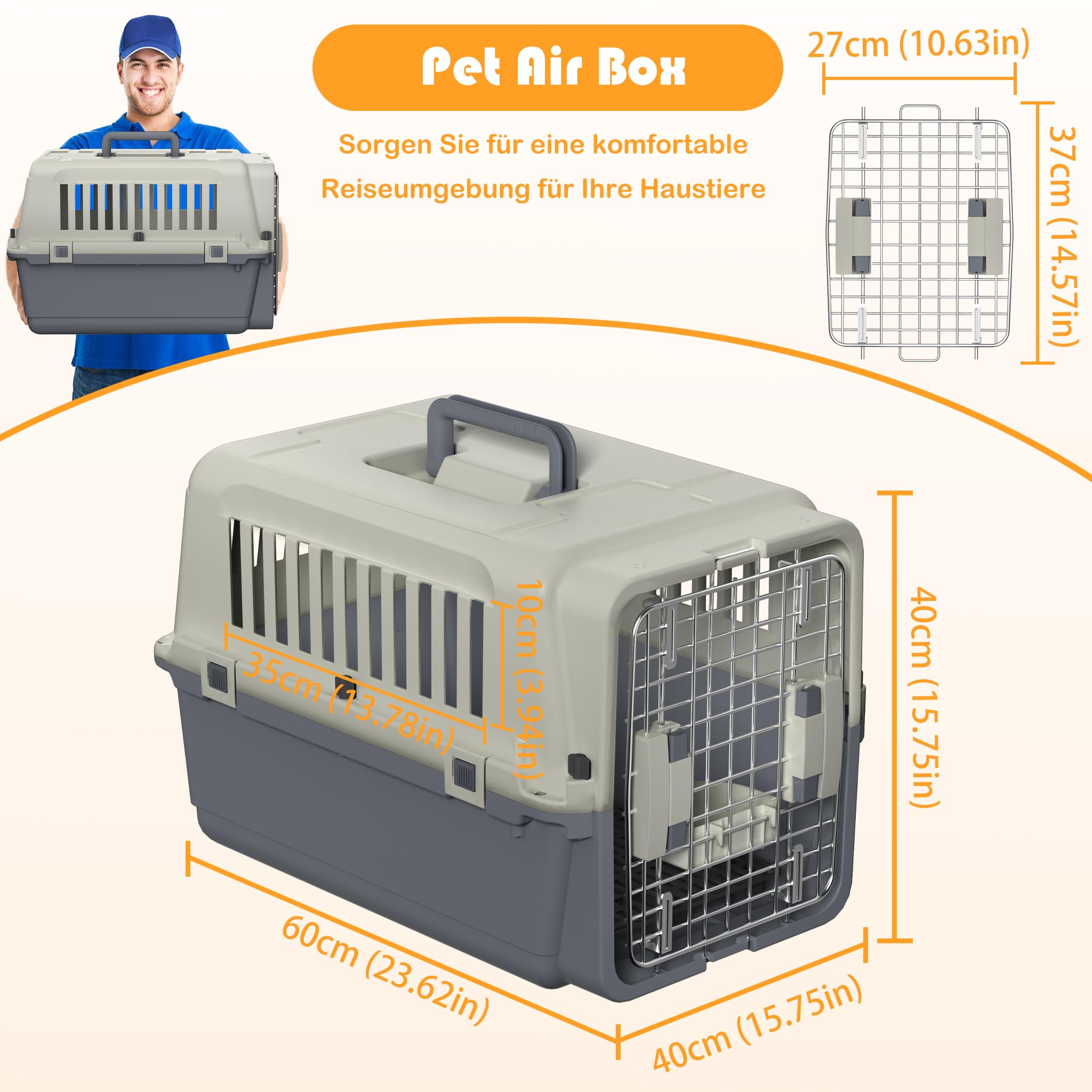 XMTECH Hundetransportbox Transportbox Flugzeugbox für Tiere, Reisebox für Hunde, mit Sicherheitsverriegelung & Lüftungsgitter, L 60 x B 40 x H 40 cm