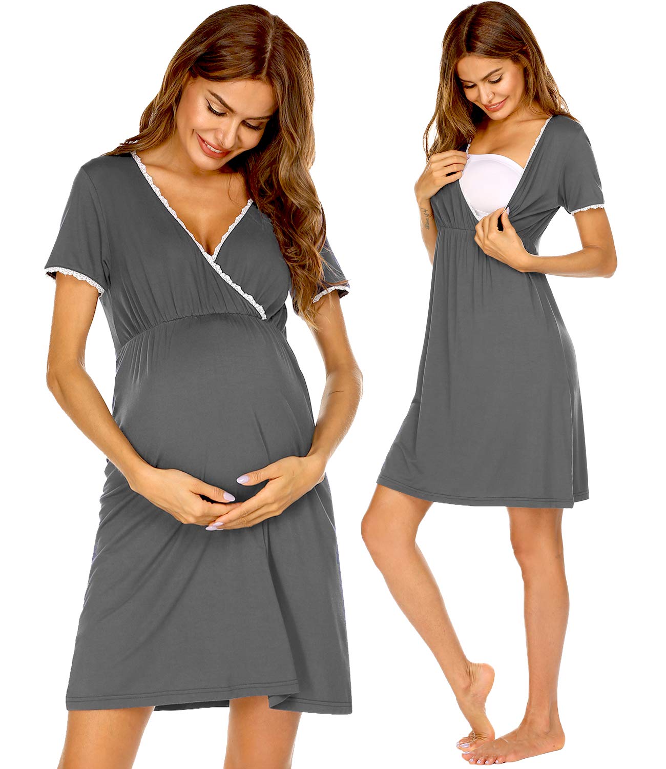 EkouaerLadies Long Short Sleeve Pleated Nursing Nightdress S-XXL