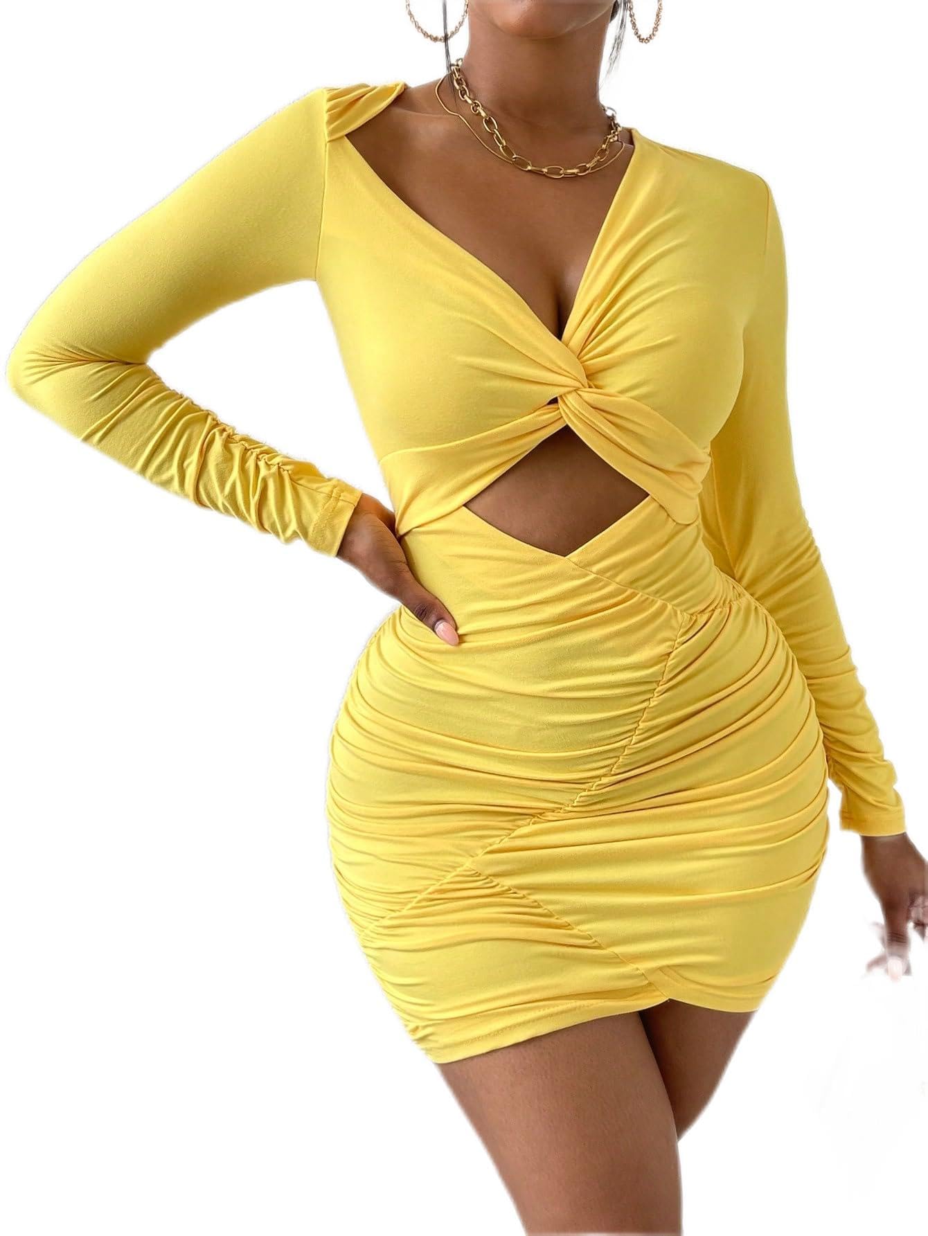 Amazon.com: Women's Dresses Yellow Twist Front Cut Out Ruched Bodycon Dress Dress for Women (Color : Yellow, Size : Medium) : Clothing, Shoes & Jewelry