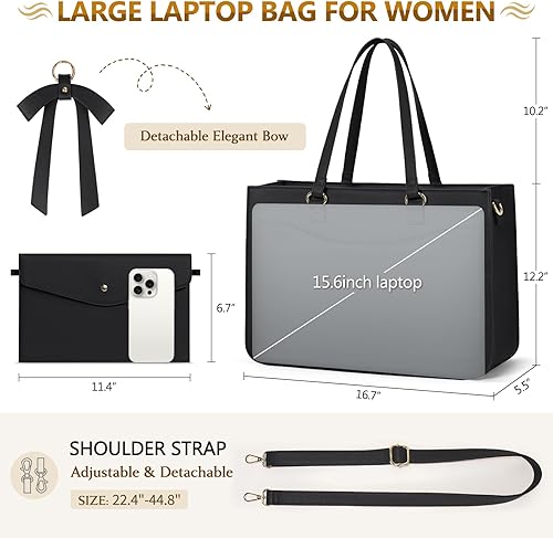 Miniatura 5 de RAINSMORE Bolsa para laptop para mujer, bolsa de trabajo de 15.6 pulgadas, bolsa de cuero para laptop, bolsa impermeable para computadora, maletín