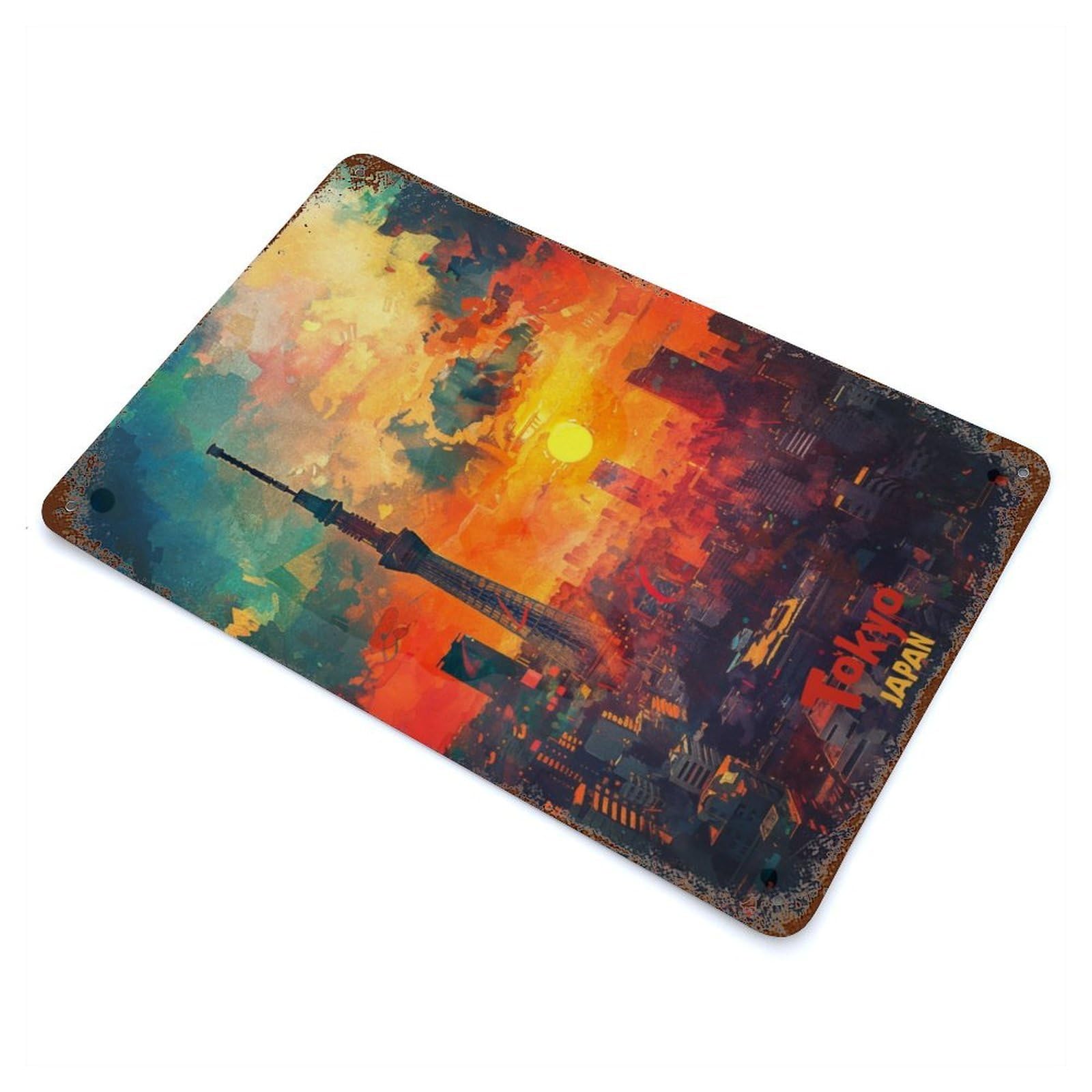 Distressed Metal Wall Sign with Tokyo Art Design 11.8"x7.9", for Office, Studio And Wall Decor, Industrial Home Decor