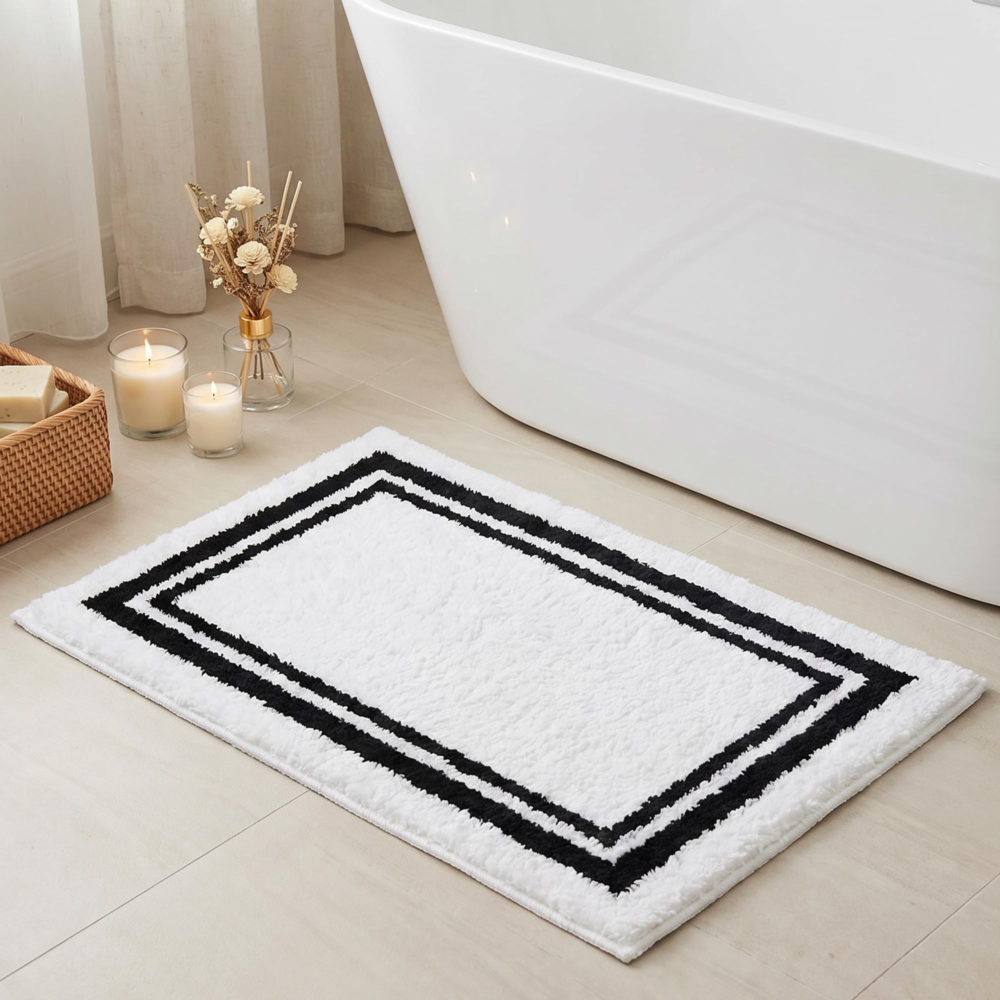 Amazon.com: Tititex Luxury White Black Frame Line Bathroom Rug