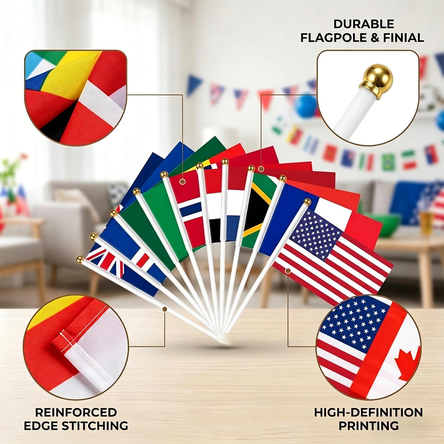 Bandera de Mano 14x21cm Copa del Mundo 2026 Fútbol 48 Países con Palo 30cm