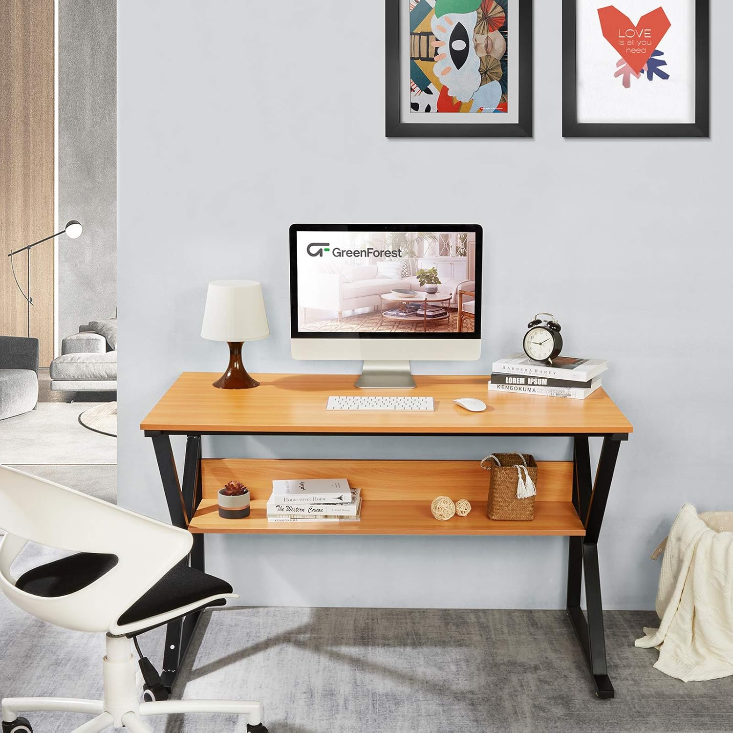 GreenForest Computer Desk with Bookshelf 47" Industrial Gaming Writing Desk Space Saving Study Laptop Table Workstation for Home Office, Brown: Kitchen & Dining