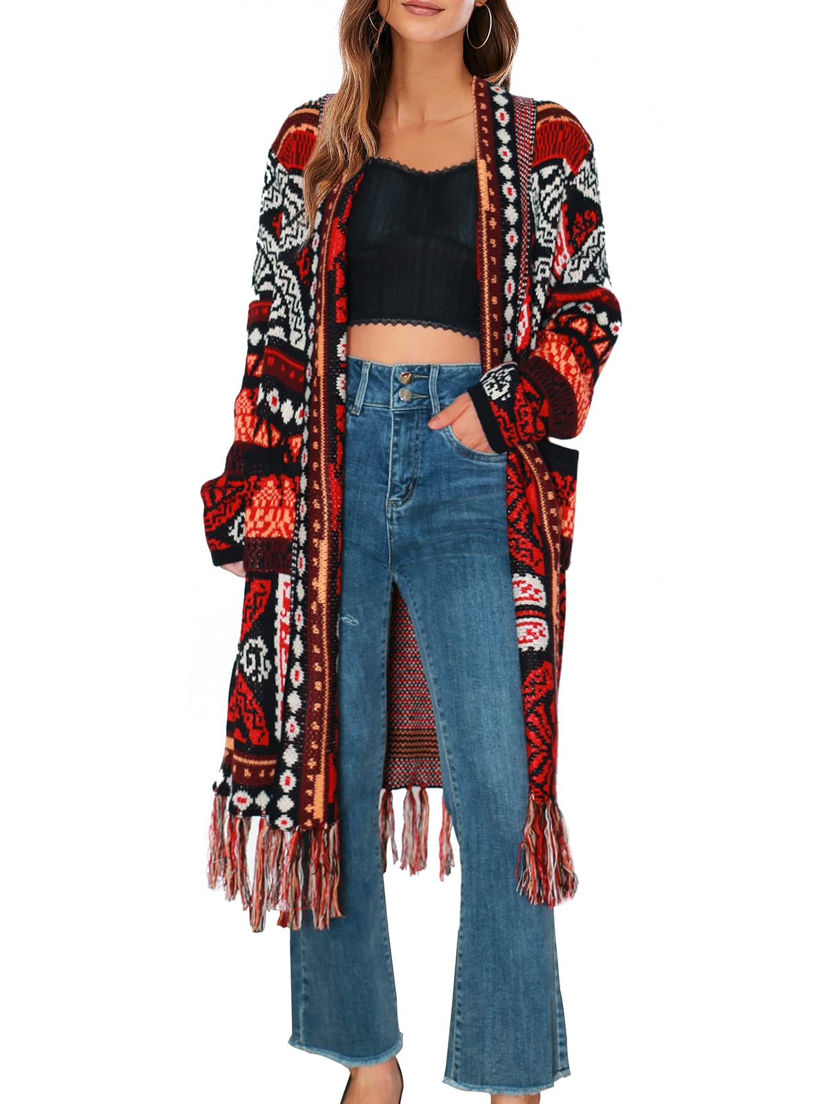 CGYYWomen's Long Sleeve Open Front Cardigan Sweaters Boho Tassel Cardigan  Aztec Tribal Stripe Fringe Cardigan