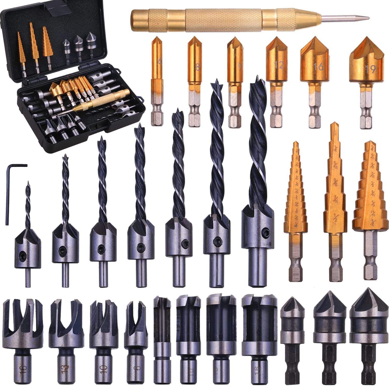 29-Pack Woodworking Chamfer Drilling Tools, WENHUALI 6 Countersink Drill Bits, 7 Counter Sinker Drill Bit, 8 Wood Plug Cutter, 3 Step Drill Bits and 3 Countersink Drill Bit with 1pcs Center Punch. - 