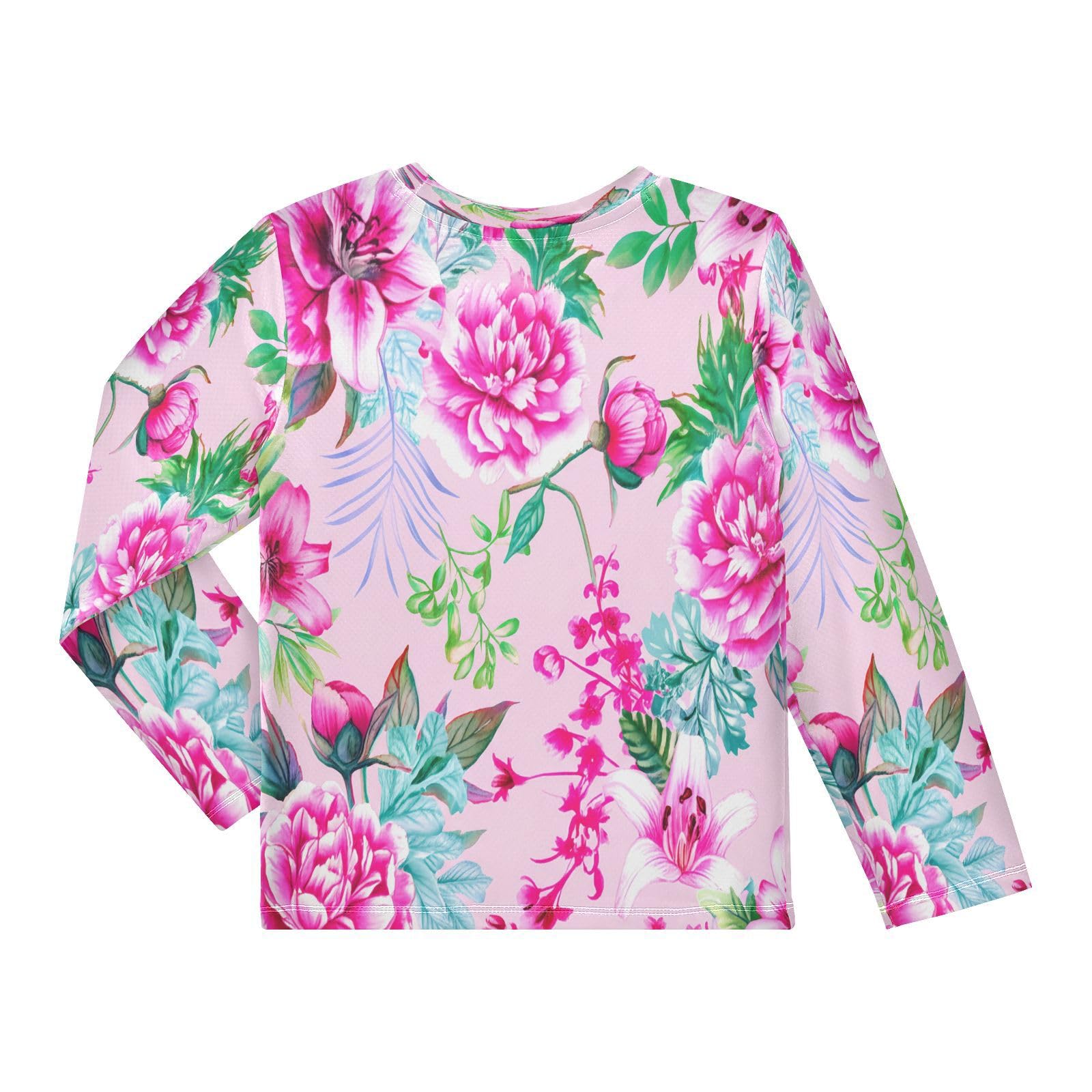 DOMIKING Peony Floral Pink Boys Long Sleeve Rashguard Shirt Kids Quick Dry Swim Shirt for Kids Toddlers 11-12T