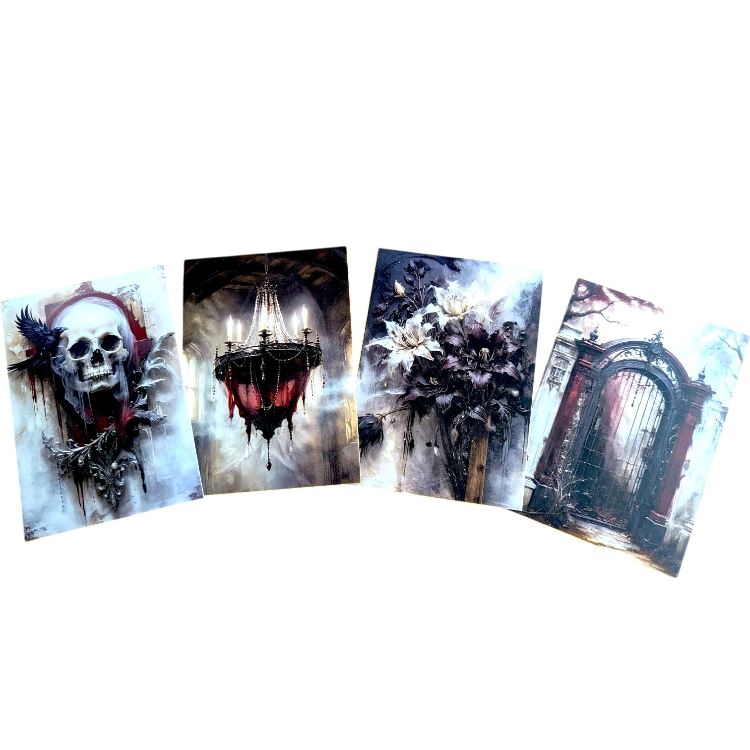 Kims Crafty Corner Gothic Autumn Postcard Set – 4 Dark Academia Art Prints with Haunted Houses, Skeleton Trees & Victorian Figures | Vintage Gothic Stationery or Wall Art Décor (Red Fantasy Set 4)