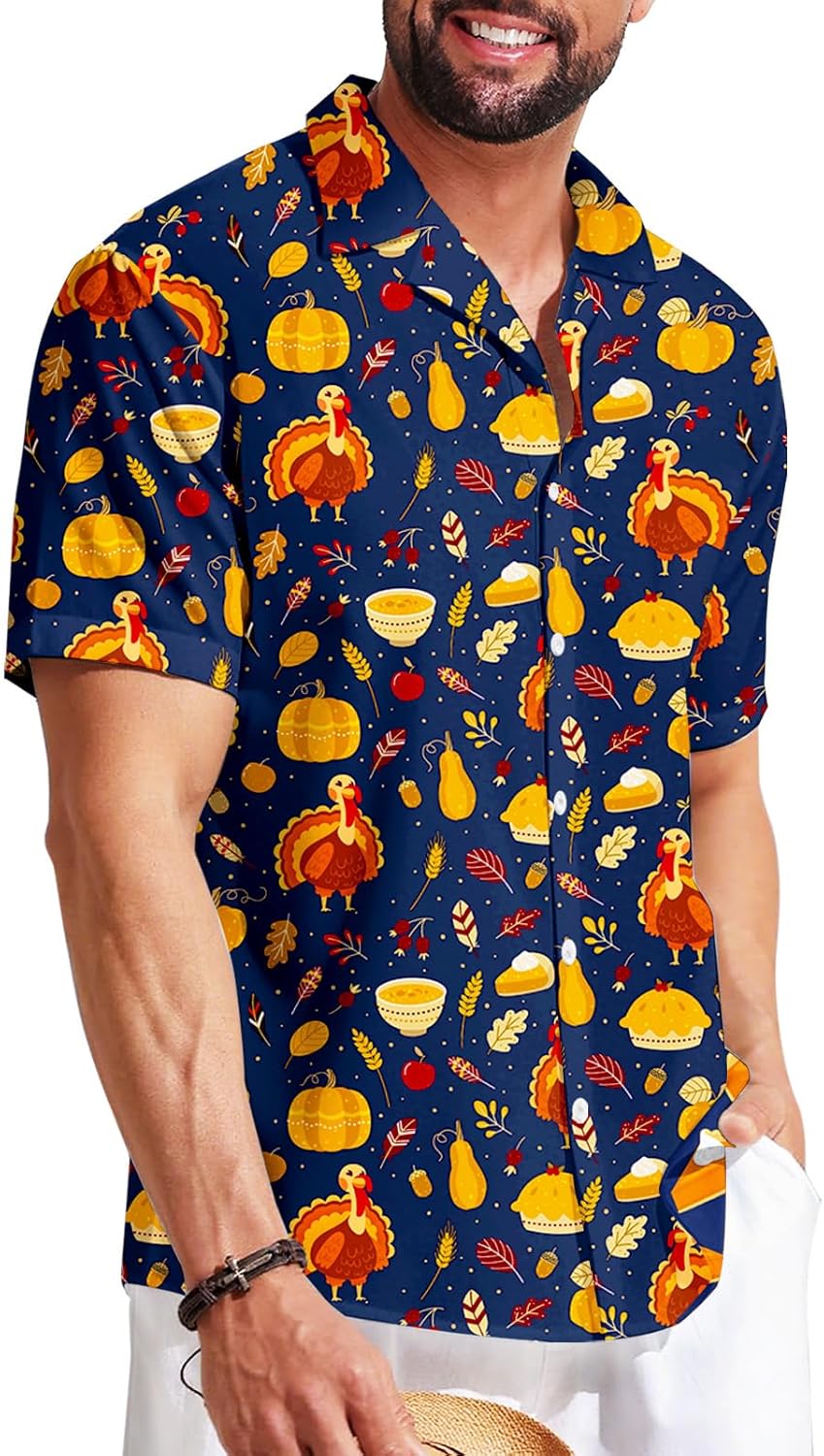 Mens Thanksgiving Button Tops Short Sleeve Turkey Hawaiian Shirt - Image 5