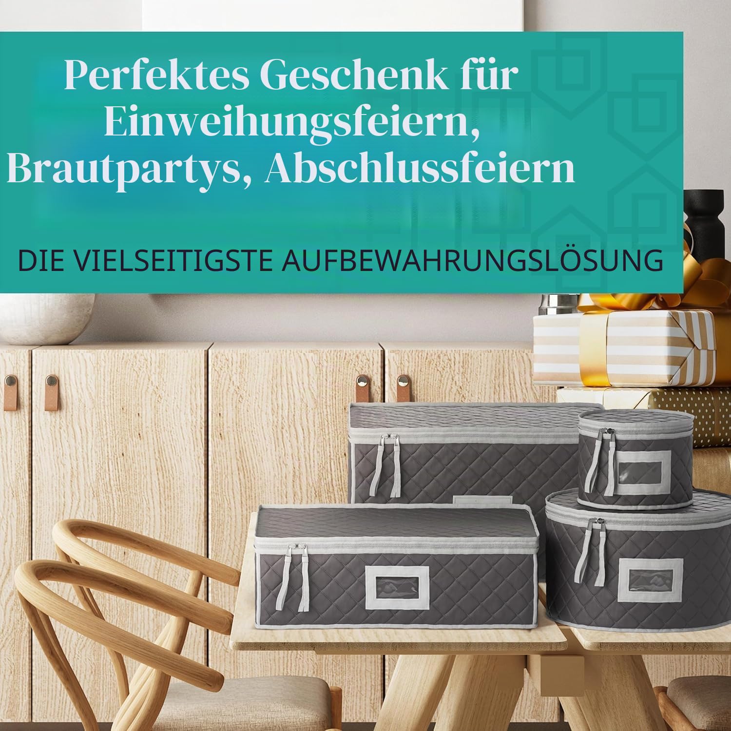 Geschirr-Aufbewahrungsset – gesteppte Behälter für feines Porzellan und Gläser – 12 Personen, 6-teiliges Geschirr-Aufbewahrungsset enthält 48 Filzschoner für Teller mit Einsteckkarten für einfaches
