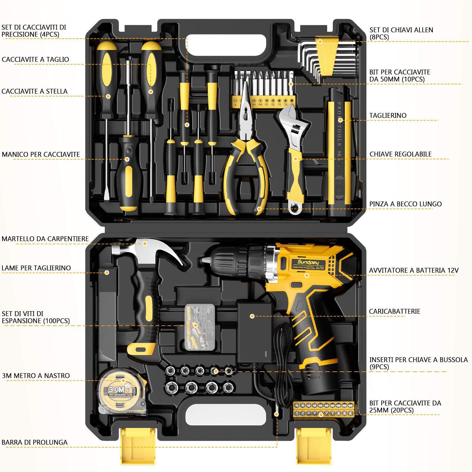 Sundpey Cassetta Attrezzi Completa 166 Pezzi con Trapano Avvitatore a Batteria 12V, Set Utensili Multiuso per Riparazioni Domestiche, con Custodia Portattrezzi per Casa, Giardino, Garage e Ufficio