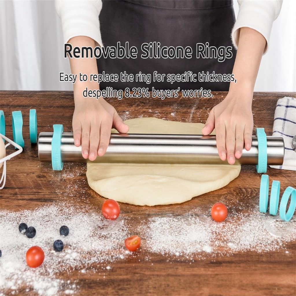 Adjustable Rolling Pin for Dough Pastry Cookies Kitchen Roller Stainless Steel with Thickness Rings 4 Levels