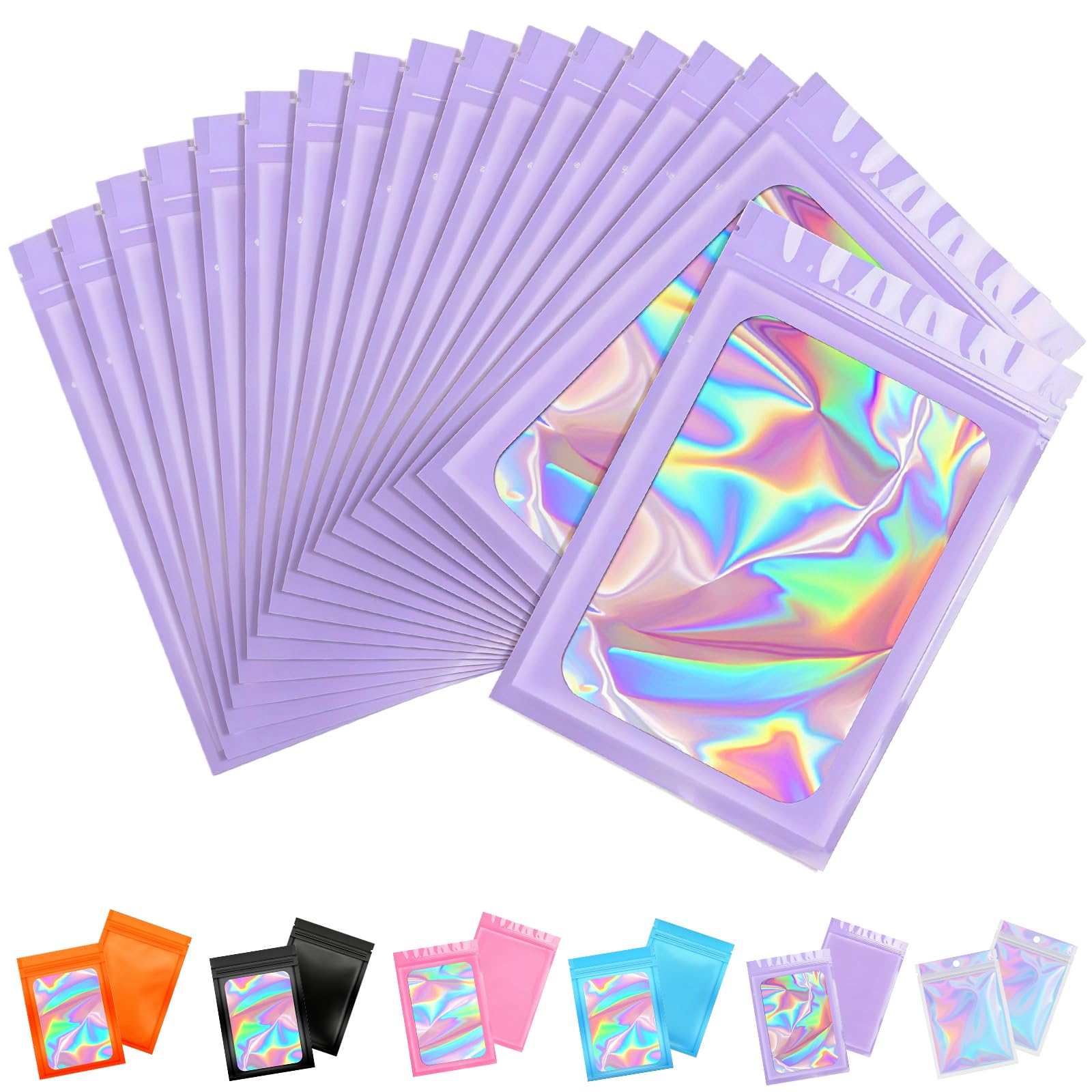 50pcs Holographic Mylar Bags 20x30cm - Purple Resealable Smell Proof Pouches for Lipgloss, Jewelry, Eyelash, Food Storage With Grip Foil Ziplock