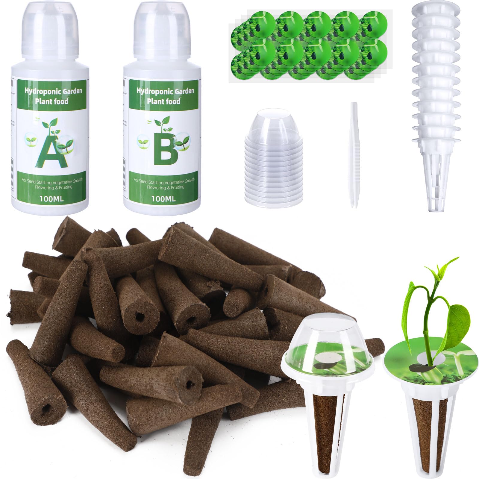 DECYOOL Garden Seed Pods,107 pcs Seed Pod Kit for Hydroponics Growing System with 40 Grow Sponges,40 Pod Labels,12 Baskets, 12 Planting Domes,200ml A&B Nutrient Plant Foods