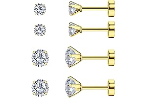 Smilebelle 2 Pairs Gold Flat Back Stud Earrings, Hypoallergenic Screw Back Cartilage...