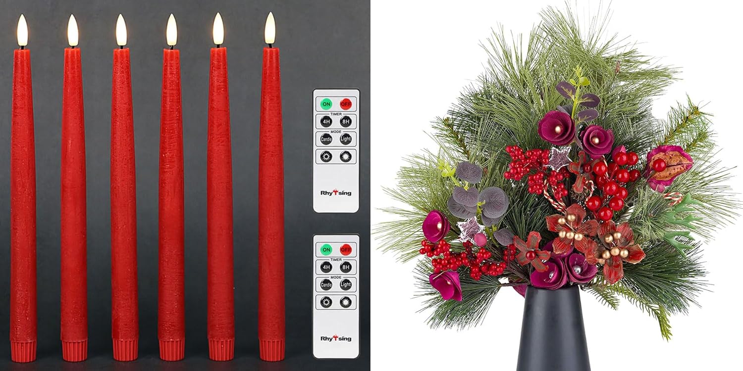 Rhytsing 6 Pcs Red Rustic Wax Taper Candles, 6 Pcs Large Artificial Greenery Stems with Red Berries and Handmade Flowers