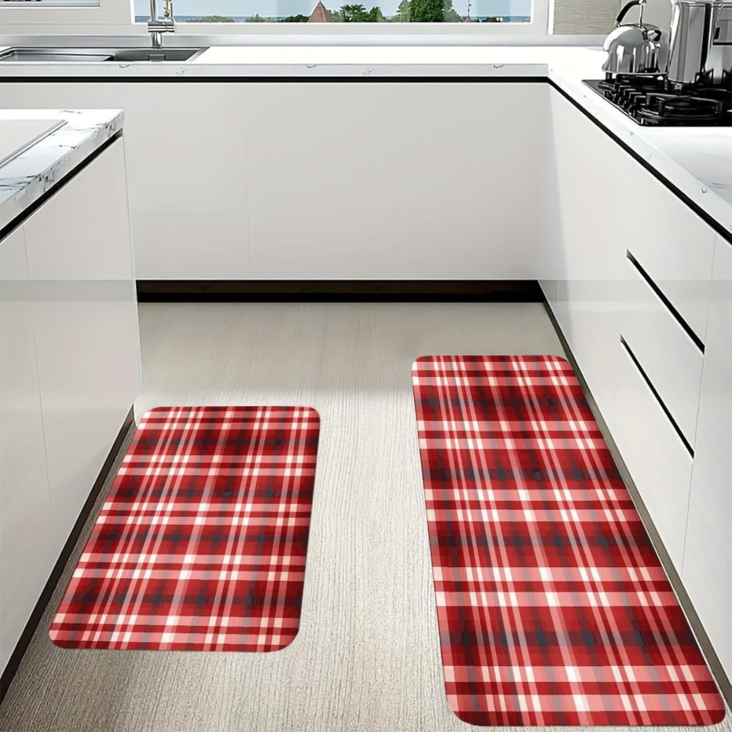 Red Plaid Kitchen Mat Kitchen Rug Set | Kitchen Rugs Flannel Velvety Washable breathable Water Absorbent Soft ，kitchen utensils for Kitchen, Floor,Laundry