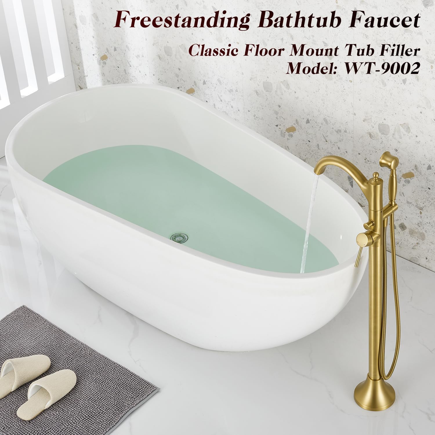 Free Standing Tub Faucet, Brushed Gold Classic Freestanding Bathtub Faucet with Vintage Hand Shower Brass High Flow Rate Floor Mount Tub Filler Swivel Spout Roman Tub Faucet Set (WT-9002BG) - Image 2