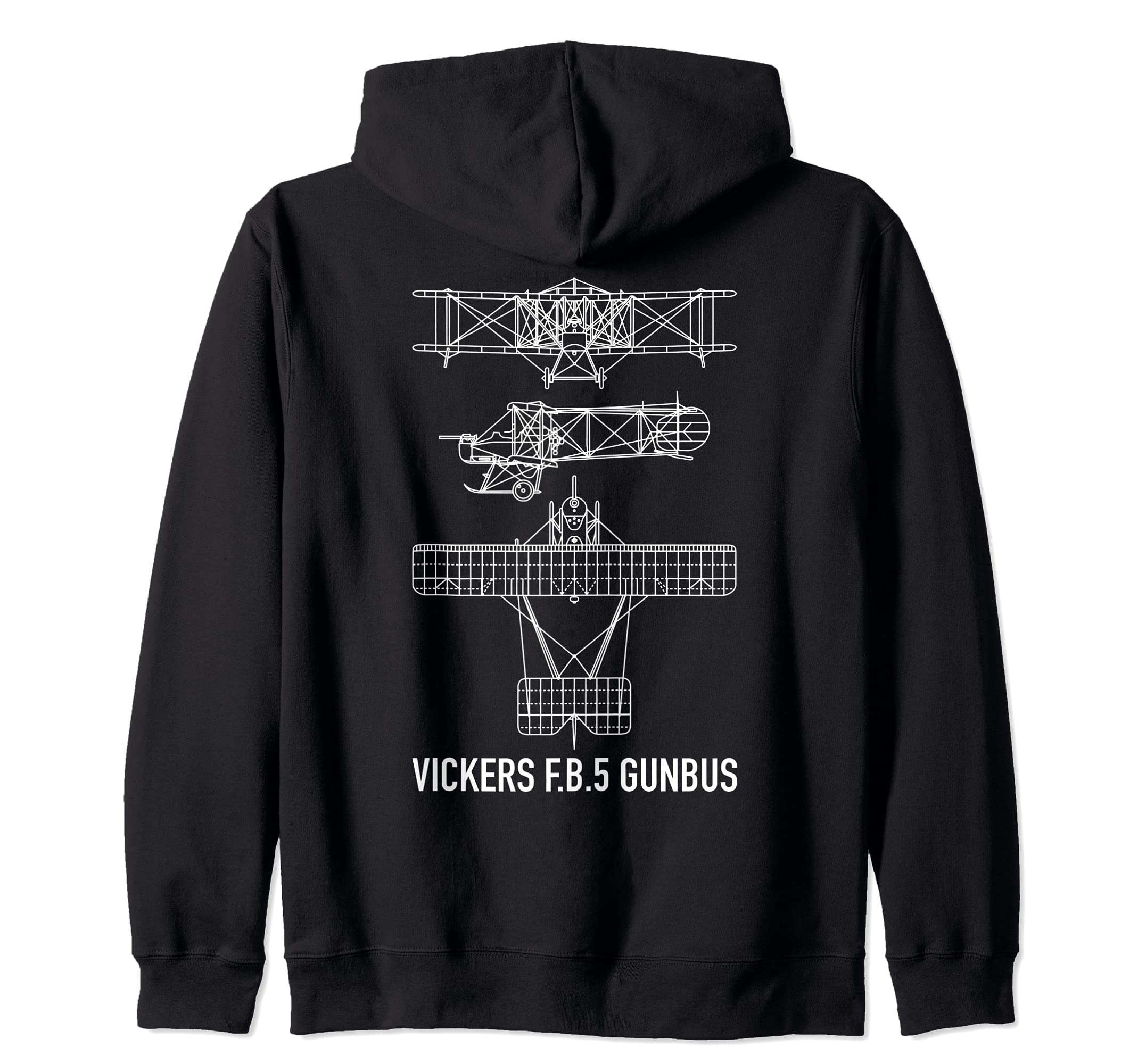 Vickers F.B.5 Fighting Biplane 5 Gunbus Blueprint Diagram Zip Hoodie, Black