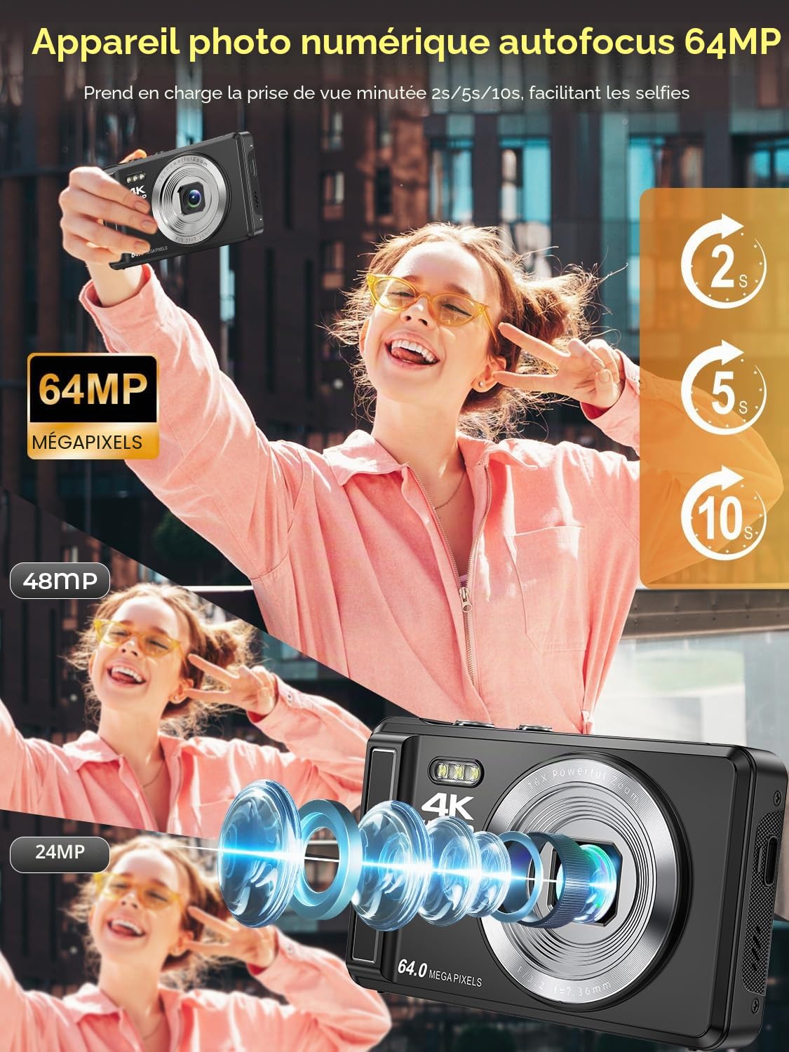 Appareil Photo Numérique Compact 4K UHD 64 MP avec Autofocus, Zoom Numérique 16X, Écran 2, 8', Carte Micro SD et Batterie Rechargeable Incluses, Webcam pour Vlogging, Débutants et Adolescents