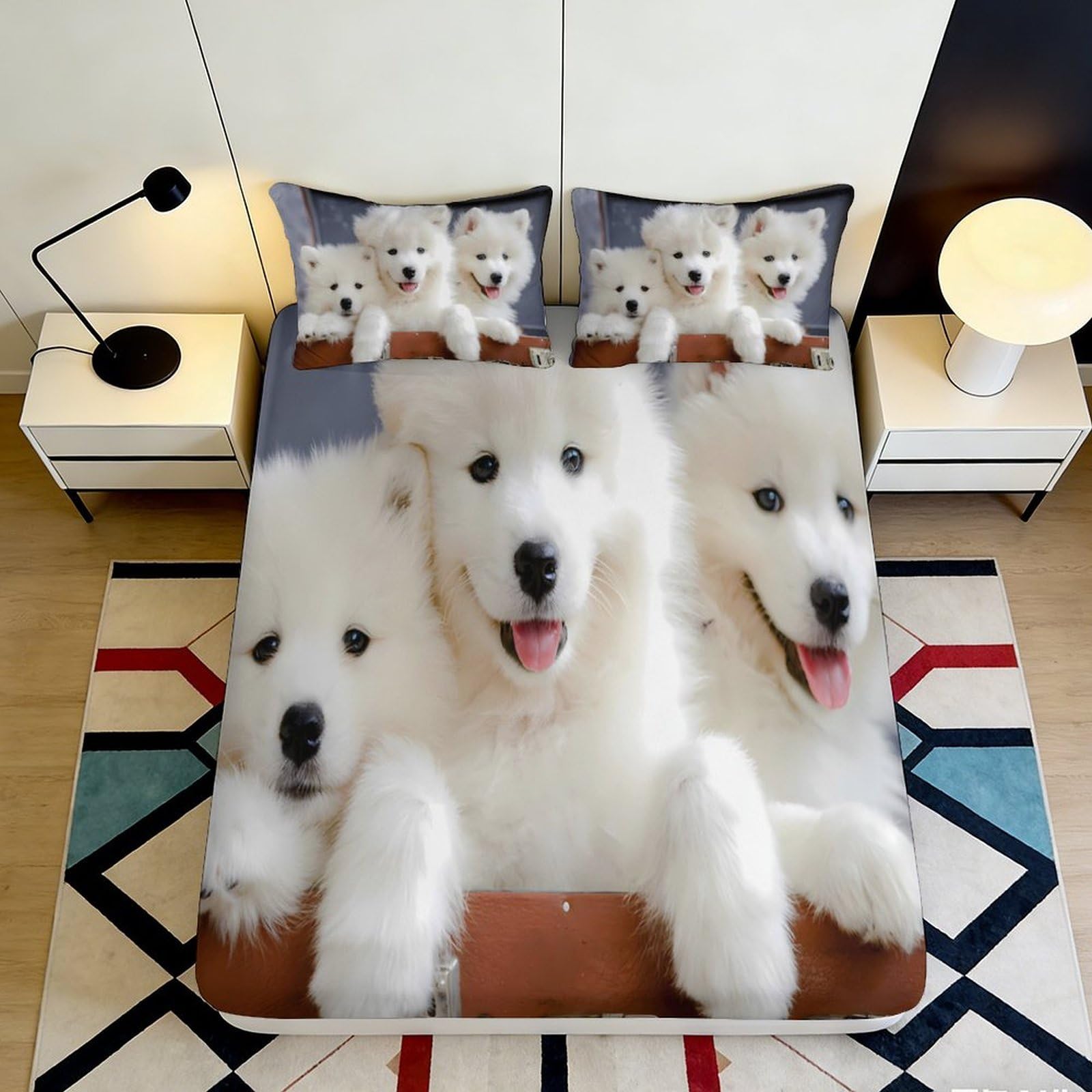 3D Printed White Fluffy Dog Fitted Sheet Microfiber Soft Breathable Puppy Bed Cover for Bedroom Guest Room Decor 90x200x25cm