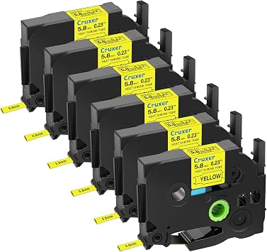 6 Pack Compatible with HSe-611 HSe611 HS611 HS-611 Heat Shrink Tube 5.8mm 0.23 Black on Yellow Wire Cable Tubing Label Tape for P-Touch PT-E300 PT-H75 PT-H300 PT-E500 PT-H300LI D450 Label Maker