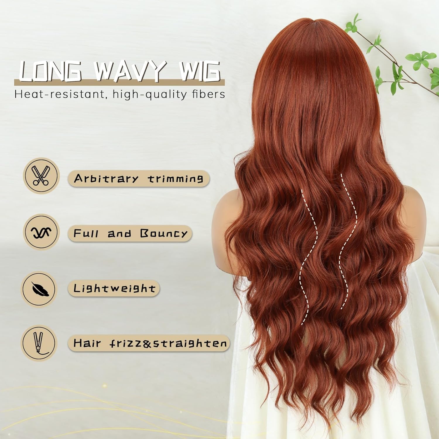 PORSMEER Long Wavy Curly Auburn Fringe Wigs for Women Natural Synthetic Hair Heat Resistant Wigs for Ladies Daily Party Cosplay Wear-26 Inches - Image 4