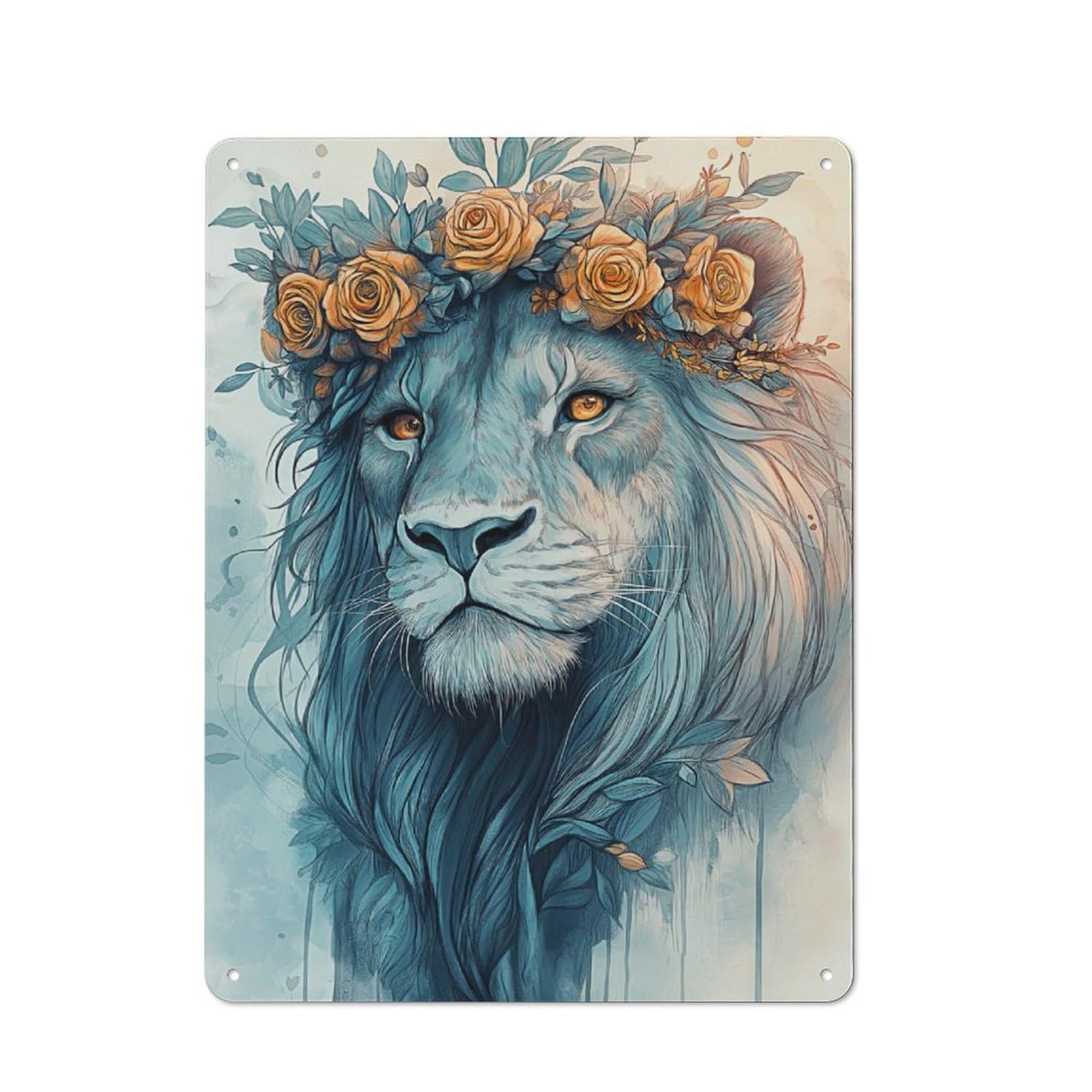 Old Style Lion with Floral Crown Vintage Metal Sign 40x30cm, Bar Wall Plaque for Pub, Home Bar, Shed Or Man Cave