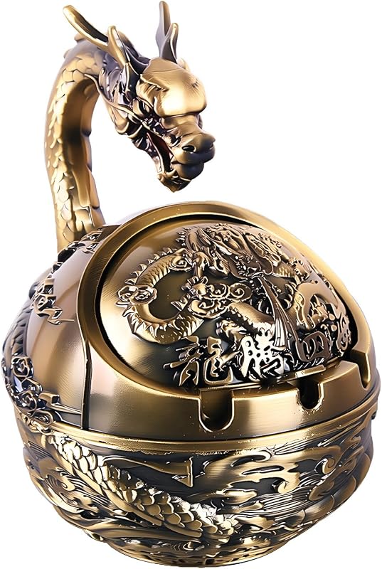 Vintage Metal Ashtray With Lid Windproof Dragon Ashtray for Cigarettes