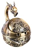 Stylitzy Vintage Ashtray with Lid for Cigarettes,Metal Windproof Smokeless Odorless Ash Tray Holder for Indoor Outdoor Decorative Hand-Carved Fancy Gift Ornament for Home Office (Bronze Dragon)