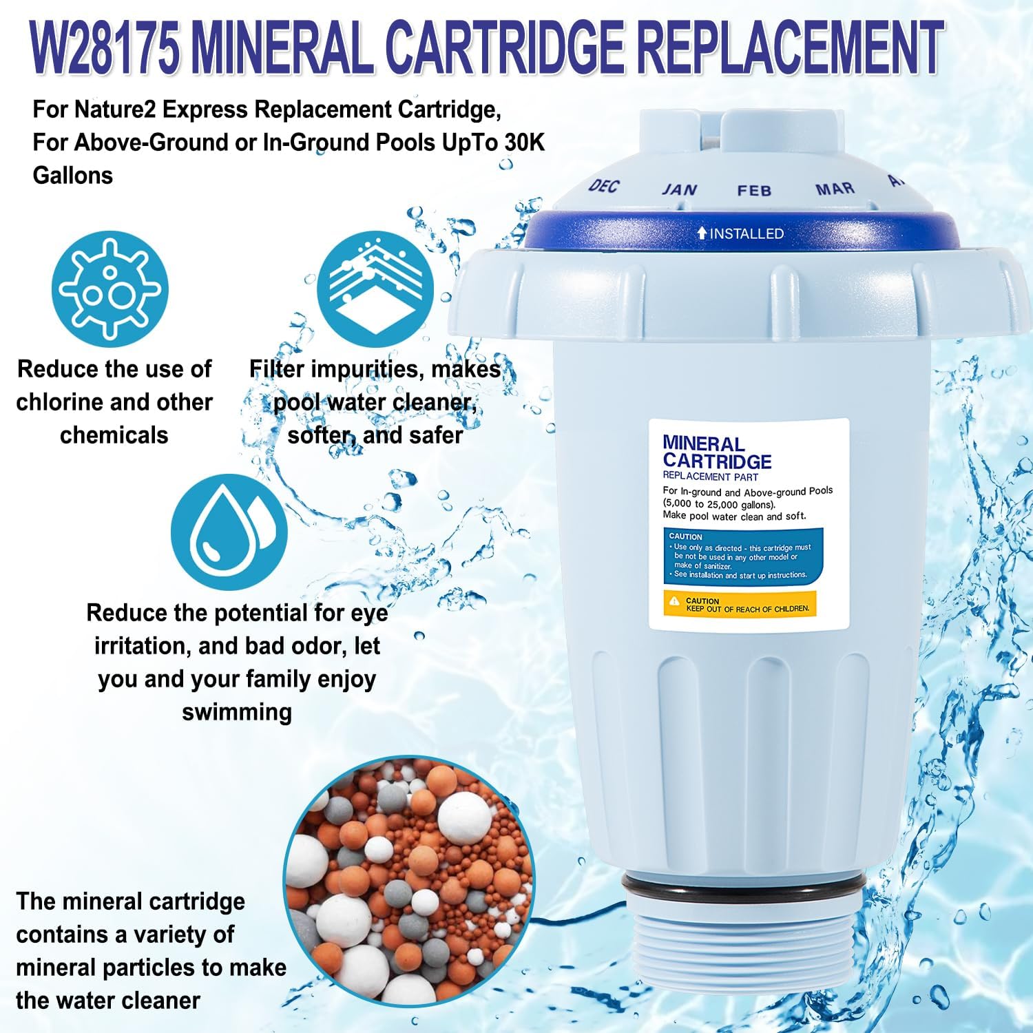W28175 Pool Mineral Cartridge Replacement Parts Fit For Zodiac Nature2 Express Mineral Cartridges, For Above-Ground or In-Ground Pools UpTo 30,000 Gallons
