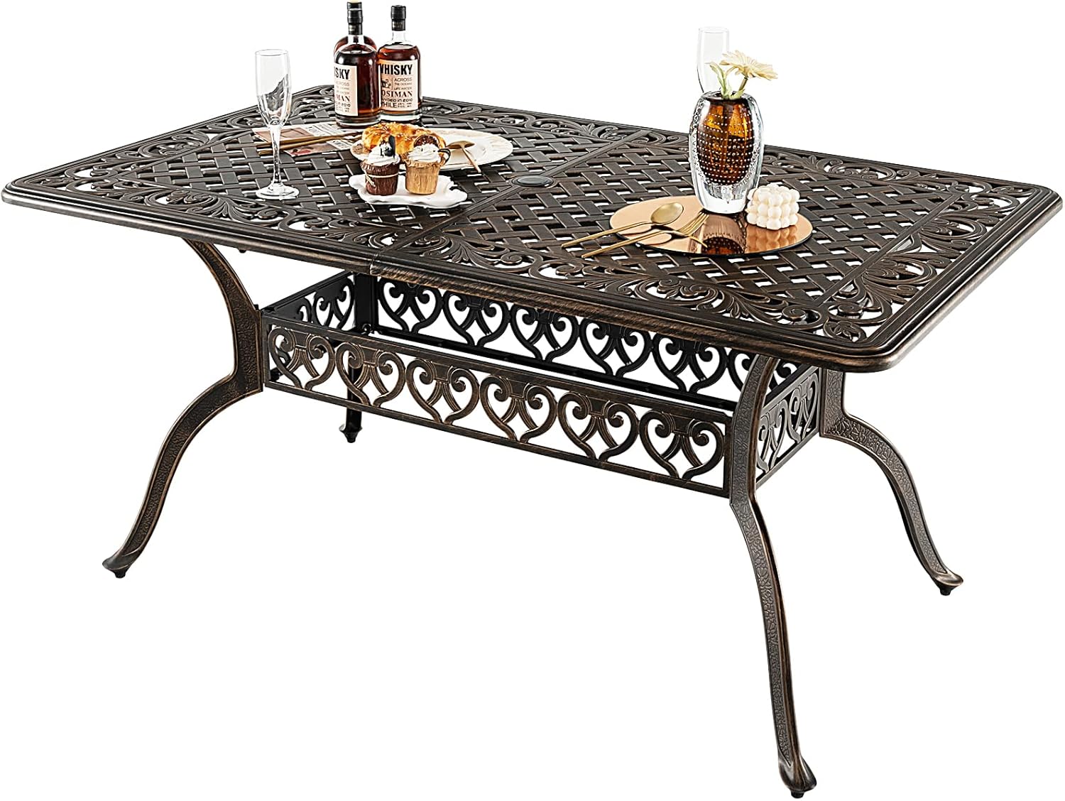 Giantex Patio Dining Table, Cast Aluminum Outdoor Table for 6 or 8 Persons, Heavy-Duty Structure, Adjustable Footpads, All-Weather Square Umbrella Table with Hole, 59" Lx35.4 Wx28.3 H