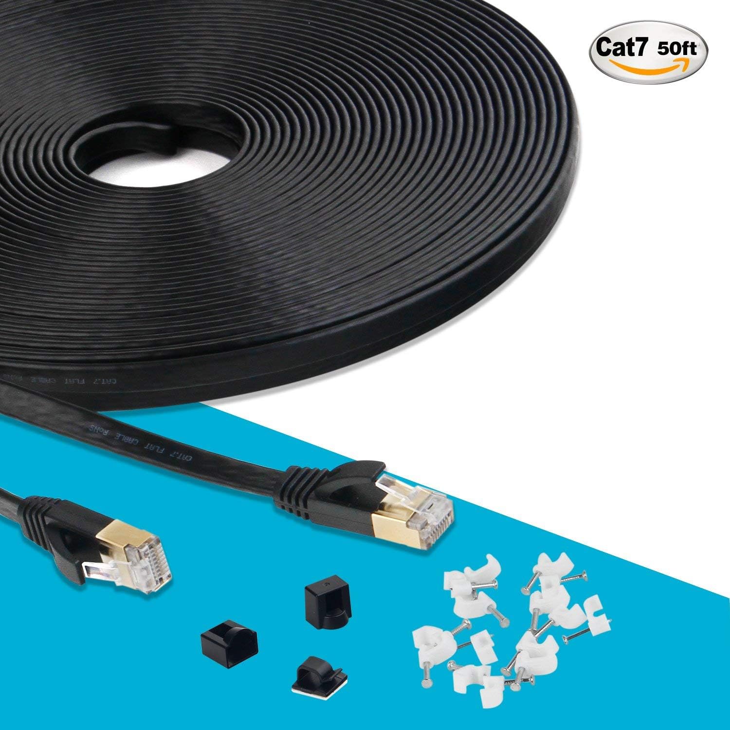 Flat Cat7 Ethernet Cable 50ft Shielded (STP) Slim Rj45 LAN Network Cable 10GB 600MHz Internet Computer Patch Cable for Switch/Hubs/Router/Modem/Patch Panel/PS3/PS4/X-box (15m/50FT)