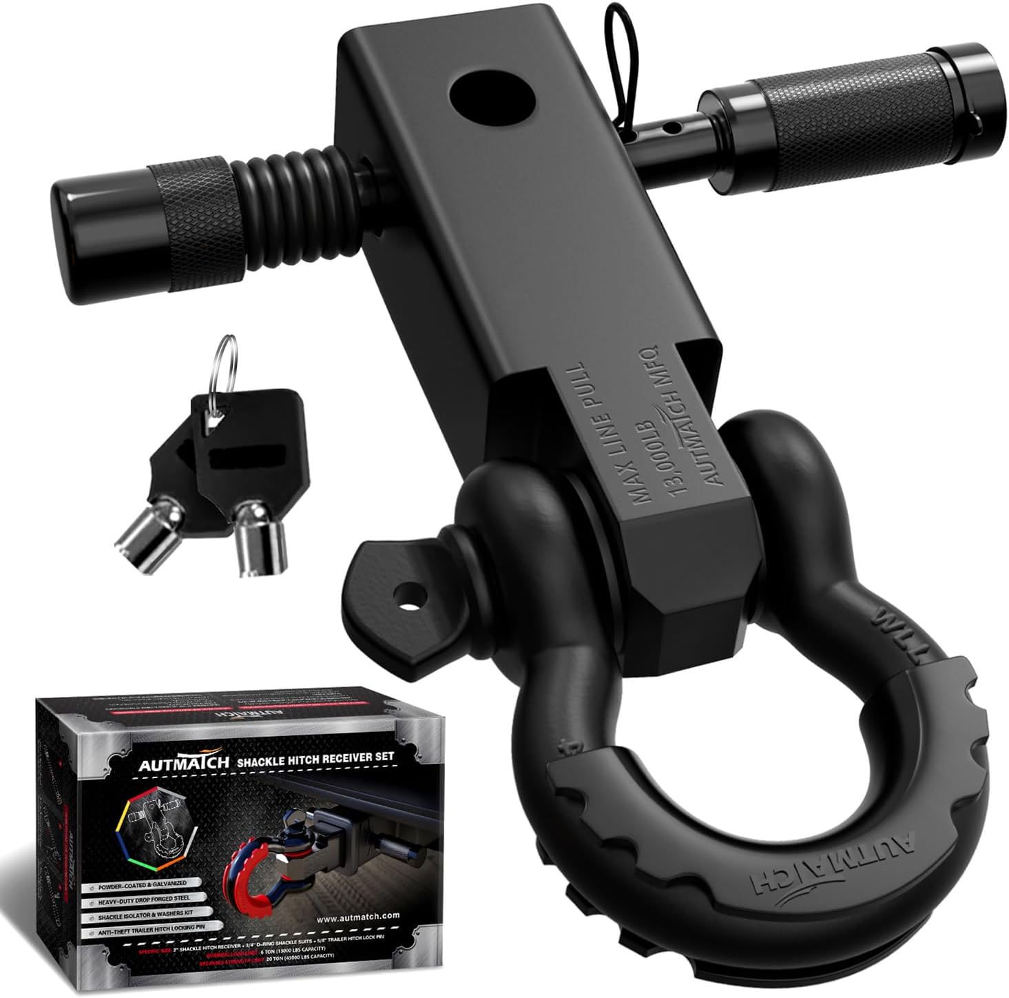 AUTMATCH Shackle Hitch Receiver 2 Inch - 3/4" D Ring Shackle and 5/8" Trailer Hitch Lock Pin, 45,000 Lbs Break Strength Heavy Duty Receiver Towing Kit for Off-Road Vehicle Recovery, Matte Black