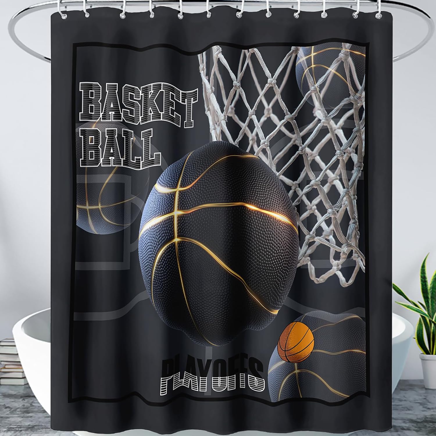 AILONEN Sport Basketball Shower Curtain,Dunk Basketball Bath Curtain with 12 Plastic Hooks,Black Ball Printed Polyester Waterproof Shower Curtain,Kids Men Boys Bathroom Decoration,Washable 36"W x 72"H