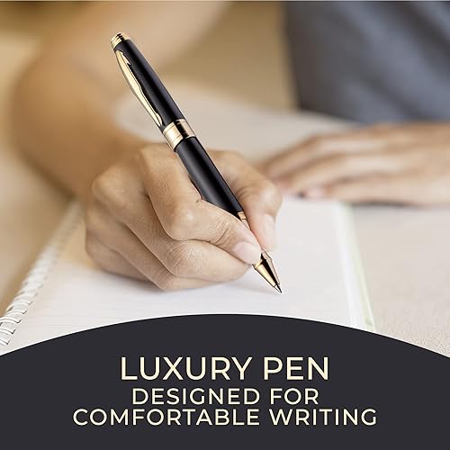 Vista 8 de ZenZoi Bolígrafo de lujo para hombres y mujeres con punta fina – Elegante bolígrafo ejecutivo negro mate con borde dorado, calidad negro mate
