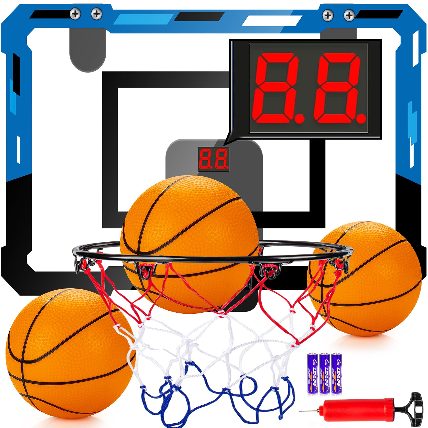 Indoor Basketball Hoop for Kids and Adults with Scorer with 2 Scoring Methods, Door Room Basketball Mini Hoop with 3 Batteries and Balls, Basketball Accessories for Teen Boy Gifts