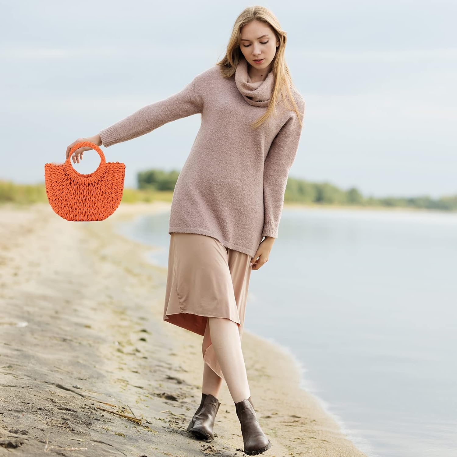 Mini Semi-circle Rattan Straw Bag, Hand-woven Women Summer Retro Beach Tote Shoulder Bag Crossbody Travel Beach Bag