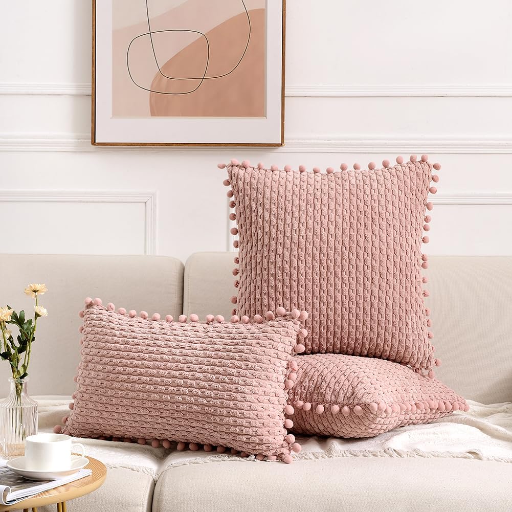 Fancy Homi 2 Packs Pink Decorative Throw Pillow Covers 24x24 Inch for Couch Bed Sofa, Modern Farmhouse Boho Home Decor, Soft Cute Plush Corduroy Cushion Case 60x60 CM