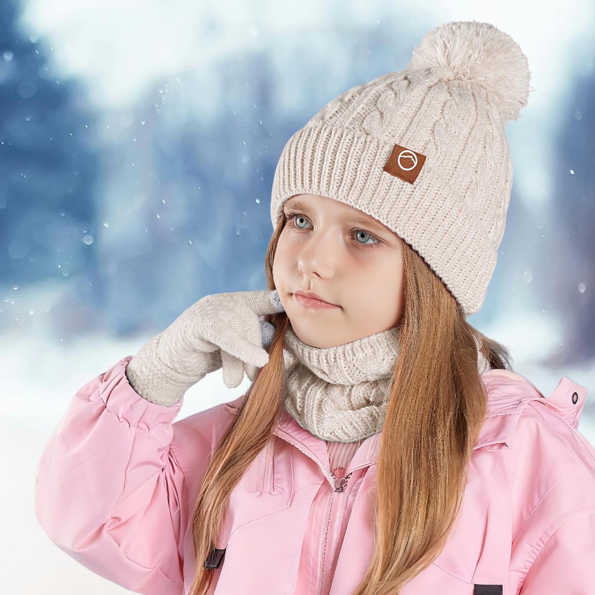 KIRAAT Kids Winter Pom Beanie Hat Scarf Gloves Set,Toddler Girls Boys Warm Knitted Fleece Lining Woollen Cap for 3-10 Years - Image 6