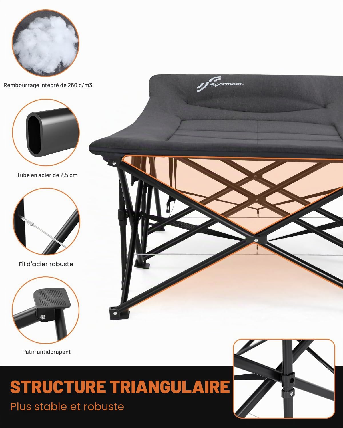 Sportneer Lits de Camping pour Adultes, lit de Couchage avec Coussin, Charge maximale de 204,1 kg, lit de Camping Pliable et rembourré pour Tente de Camping, Bureau, extérieur, Voyage
