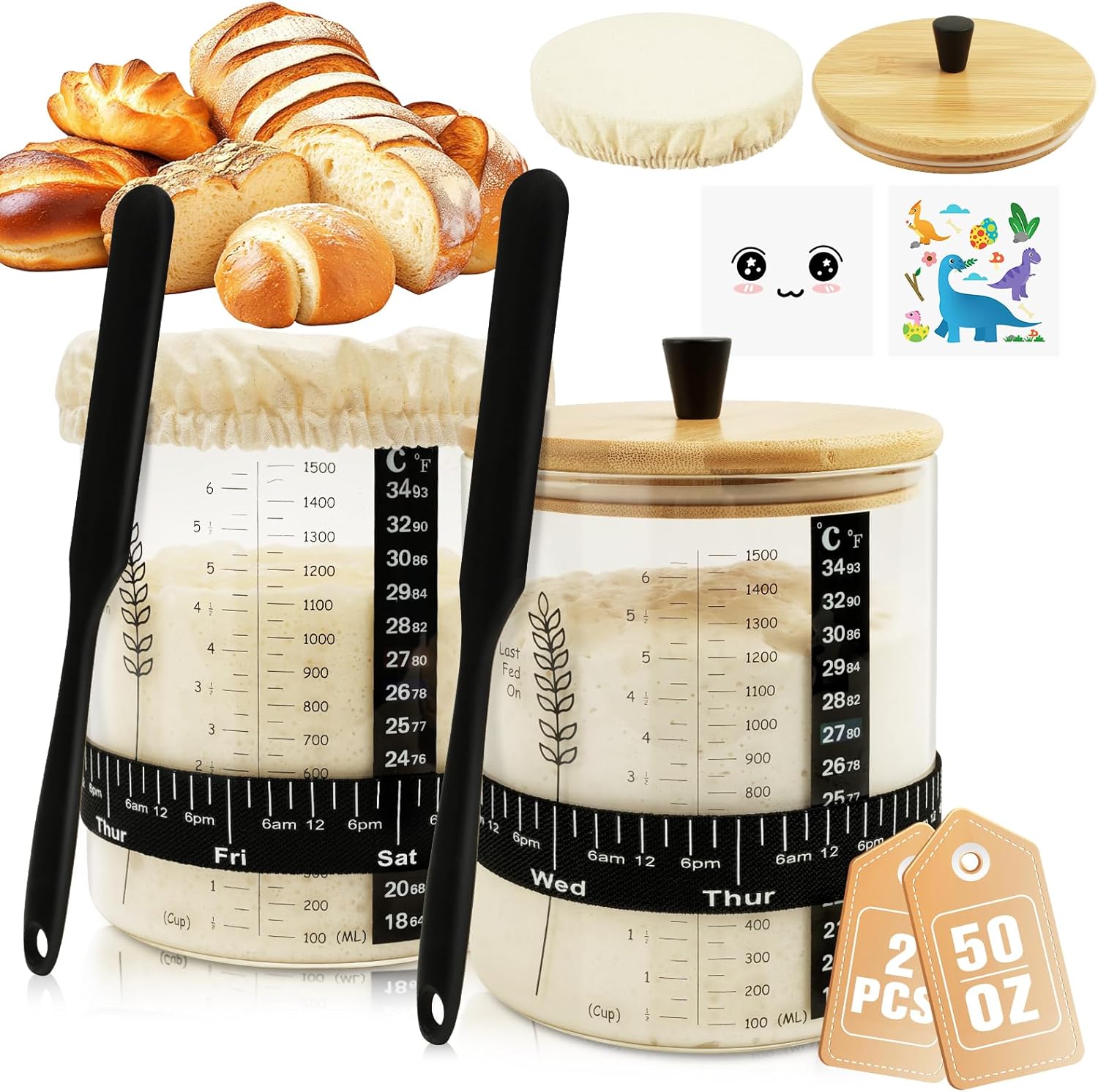 50オンス サワードウスタータージャー、広口サワードウジャー、蓋付き大容量サワードウスターターキット、バンド、日付トラッカー、温度、