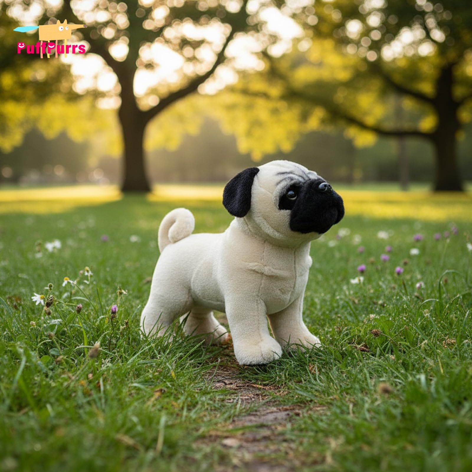 PuffPurrs Lifelike Pug Plush Toy, Realistic Mops Teddy Stuffed Animal, Cute Flat wrinkled face Dog Toy Gift, 27 CM/10 IN - Image 2