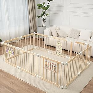 Baby Laufstall,Sicherer＆Stabiler Großes Faltbares Babys Laufgitter, Holz Laufstall, nachhaltiger Laufstall Fröhliche Krabbelbereich für 1-3 Jahren Babys＆Kleinkinder(214 * 141 * 61CM)