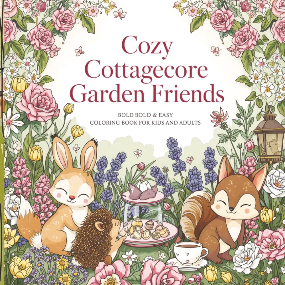 Cozy Cottagecore Garden Friends: Bold & Easy Coloring Book for Kids and Adults: Adorable Animals in Blooming Gardens, Flower Meadows & Magical Tea ... & Cute Designs for Relaxation and Family Fun