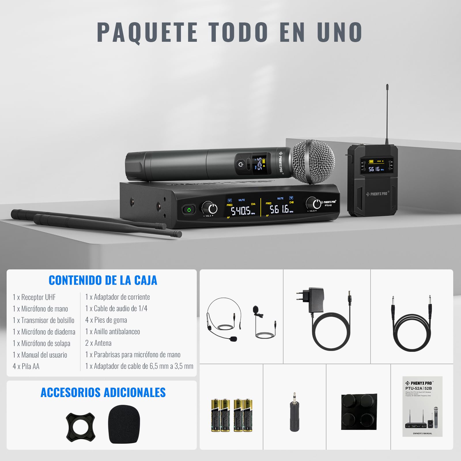 Phenyx Pro Sistema de Micrófono Inalámbrico de Metal, con Micrófonos de Mano/Bodypack/Auriculares/Lapel, 2x30 Frecuencias UHF, Alcance de 200 pies, para Cantar, Karaoke, Iglesia (PTU-52-1H1B)