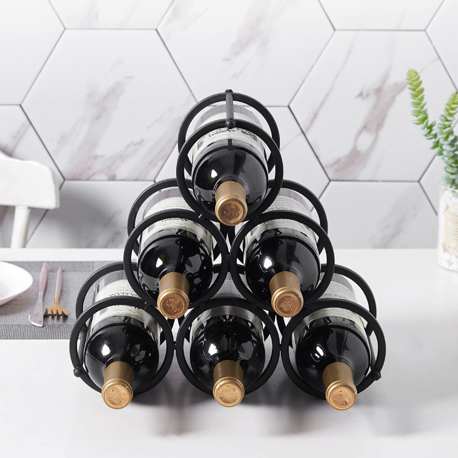 ZYLLZY Black Wine Racks Free Standing,Creativity Removable Metal Red Wine Storage Organizer,Small Tabletop Wine Rack Holder 6 Wine Bottle for Home Kitchen Dining Room
