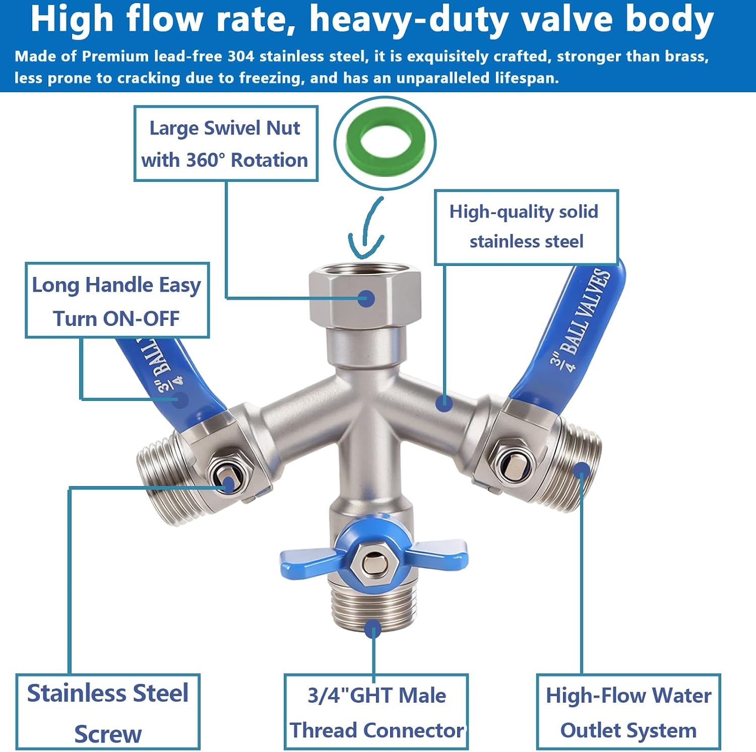 304 Stainless Steel Garden Hose Splitter 3 Way Heavy Duty, Full Flow Y Valve Water Hose Splitter With Large Handle, Lead-free，3/4" GHT Thread Connector For Outdoor Spigot Faucet