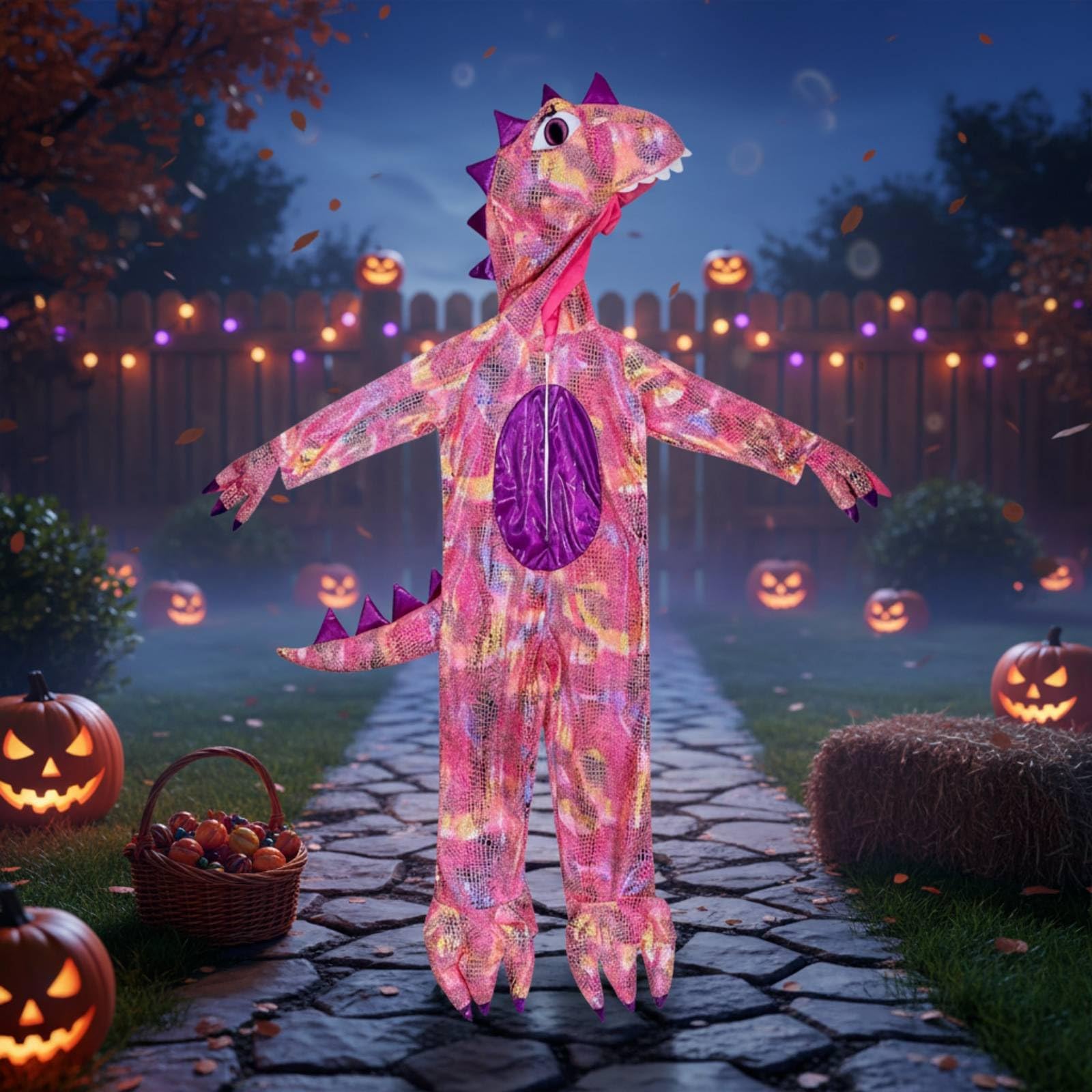 Costume Dinosauro Bambini Tuta Tuta Cappuccio Effetto Scaglie Zanne Bianche Spikes Chiusura a Zip Tessuto Poliestere Adatto per Halloween Carnevale Feste Infantili Giochi di Ruolo