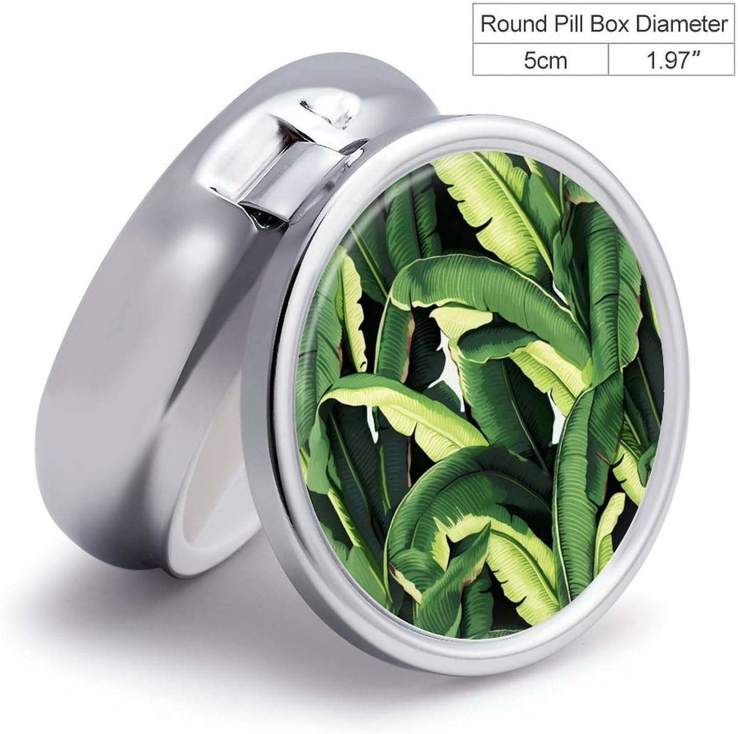 Pill Box 3 Compartment Metal Medicine Pill Organizer Tropical Banana Palm Leaves Pill Case for Purse Or Pocket Cute Mini Portable Pill Holder Travel Pill Container to Hold Supplements, Vitamins, Fish image 2